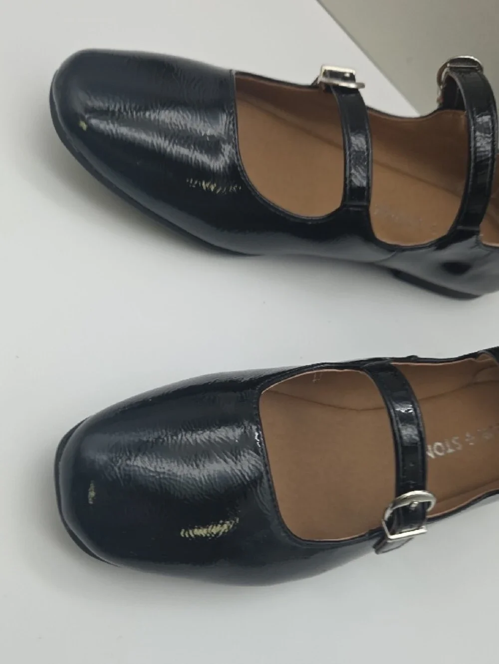 Sun + Stone Black Patent Triple-Strap Ankle Flats